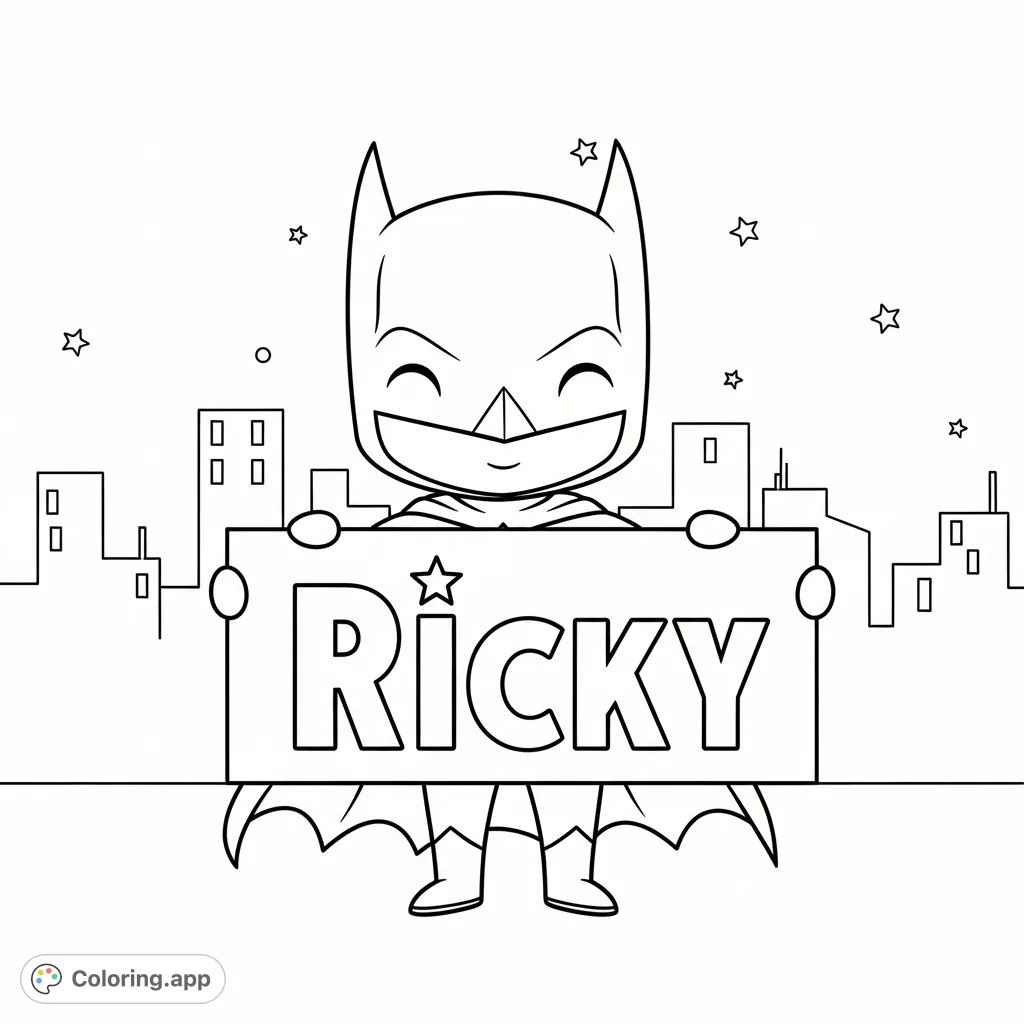 A delightful free printable cute Batman coloring page, featuring Batman holding a personalized sign with the name "RICKY" and a star. Perfect for fans!