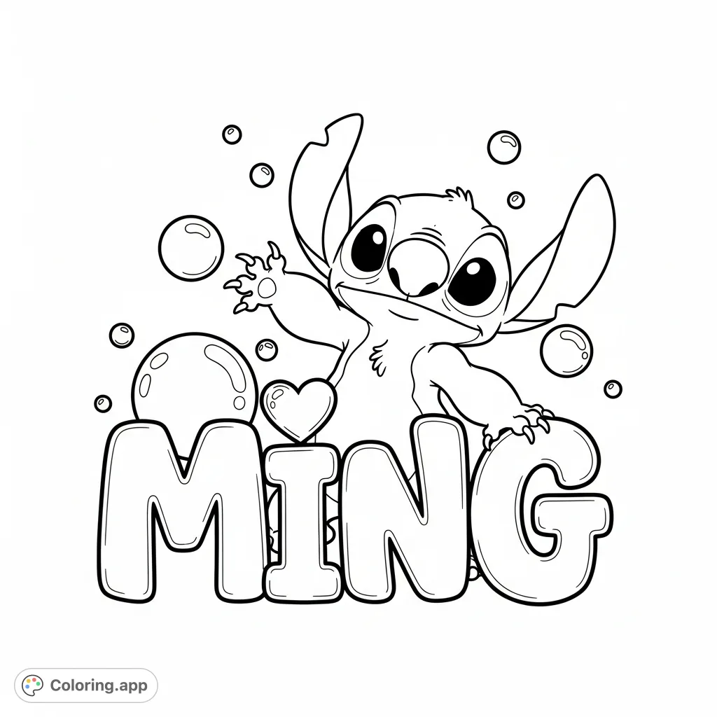 A delightful Stitch coloring page featuring Stitch playfully hiding behind bubble letters spelling "MING" with a heart over the 'I'. Perfect for fans!