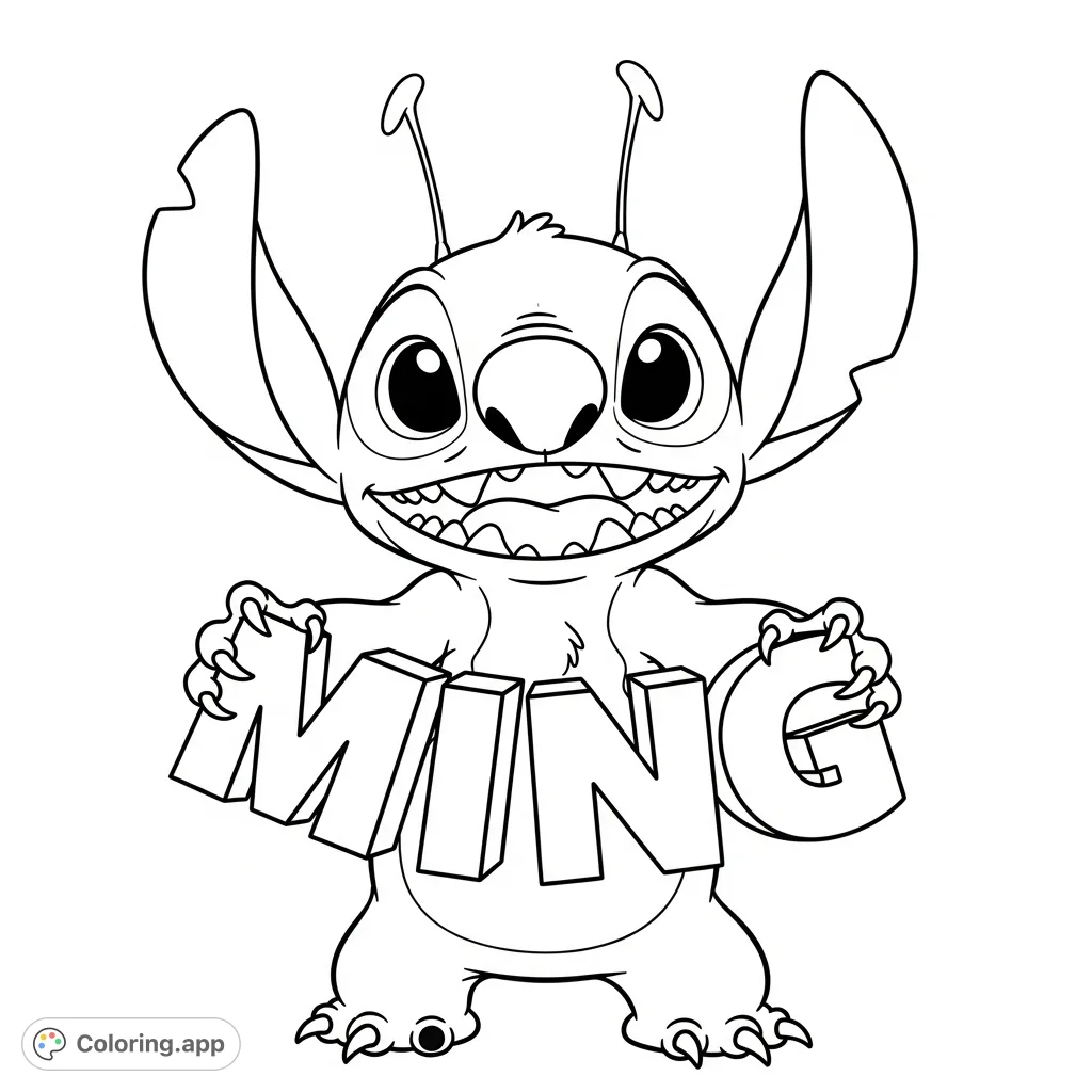 An adorable Stitch coloring page featuring the beloved character cheerfully holding a personalized 'MING' sign. Perfect for fans to color and customize!
