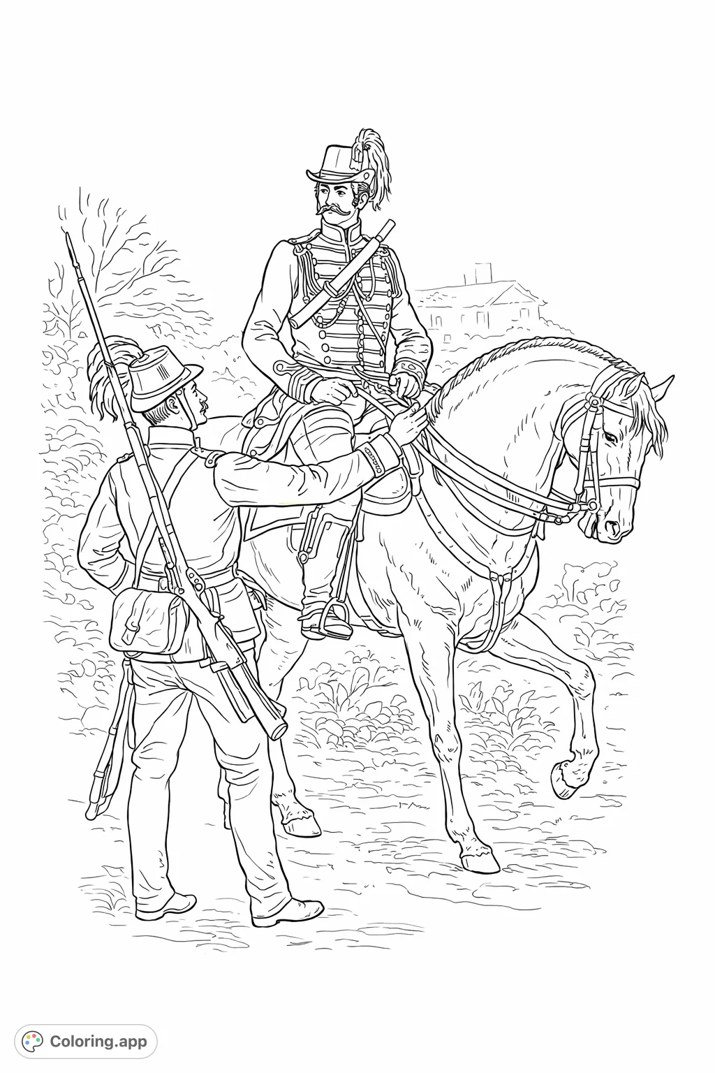A detailed historical military coloring page depicting a mounted officer with a feathered hat and sword, accompanied by a soldier on foot carrying a rifle. Explore this historical scene.