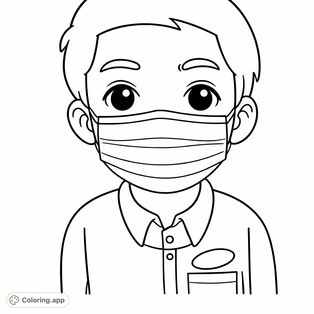 A friendly cartoon young person wearing a protective face mask and a collared shirt. A simple and important design for discussing health and safety practices.