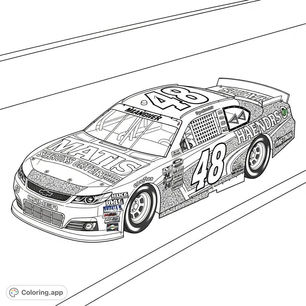 An action-packed stock car '48' with aerodynamic features, sponsor logos, and race track details, perfect for speed enthusiasts to color.