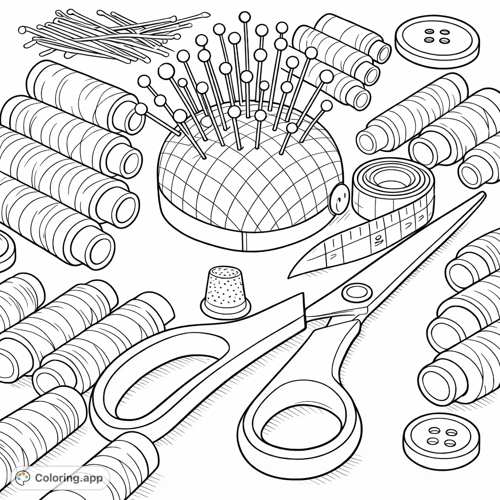 Discover an intricate sewing supplies coloring page featuring spools, scissors, a pin cushion, and more. Perfect for craft enthusiasts.