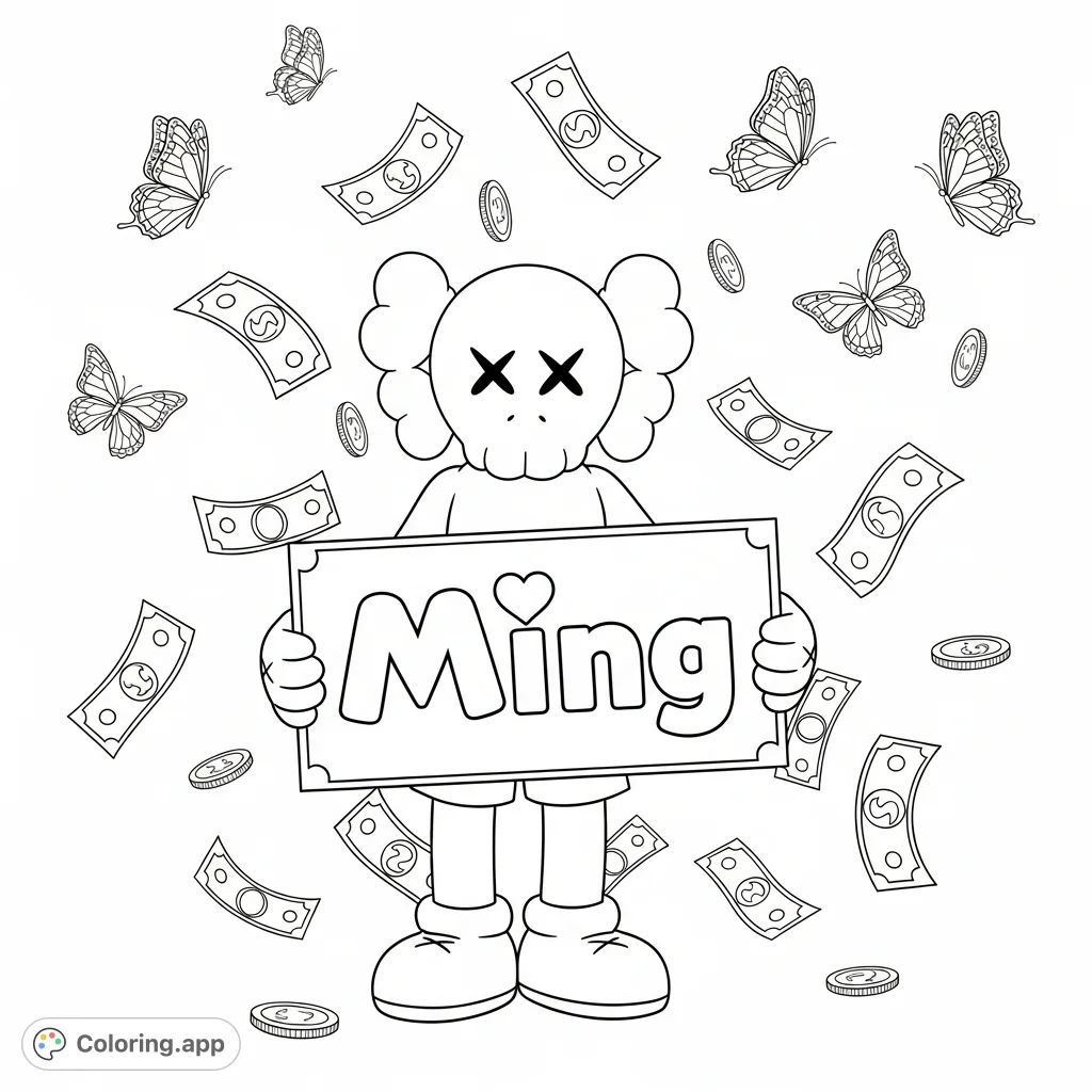 A charming Elmo Kaws holds the personalized name 'Ming' with a heart, surrounded by playful falling money and whimsical butterflies. A fun coloring page!