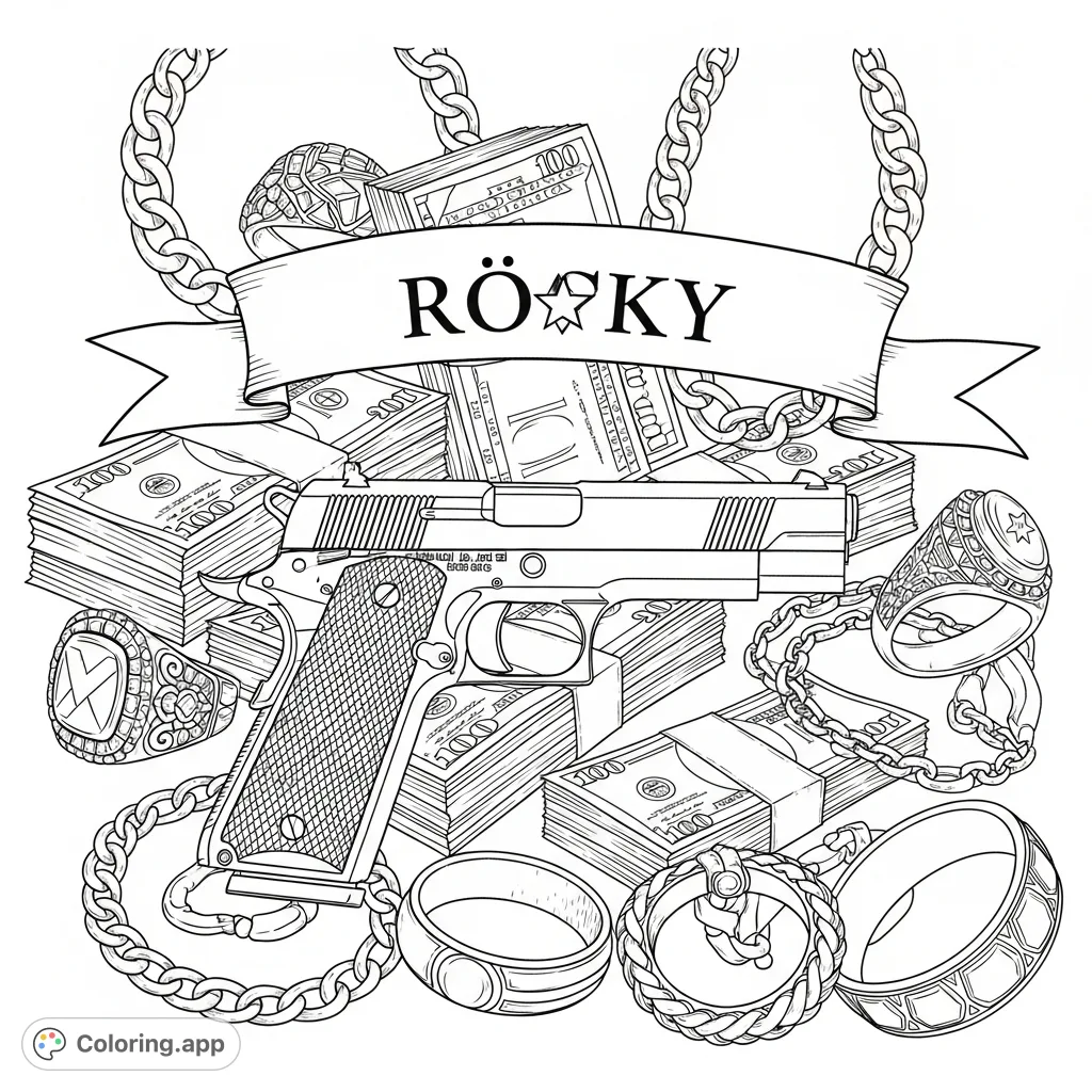 Immerse yourself in a lavish scene featuring a detailed handgun, opulent jewelry, and stacks of currency, personalized with "rɪcky" and a star. A unique luxury-themed coloring page.