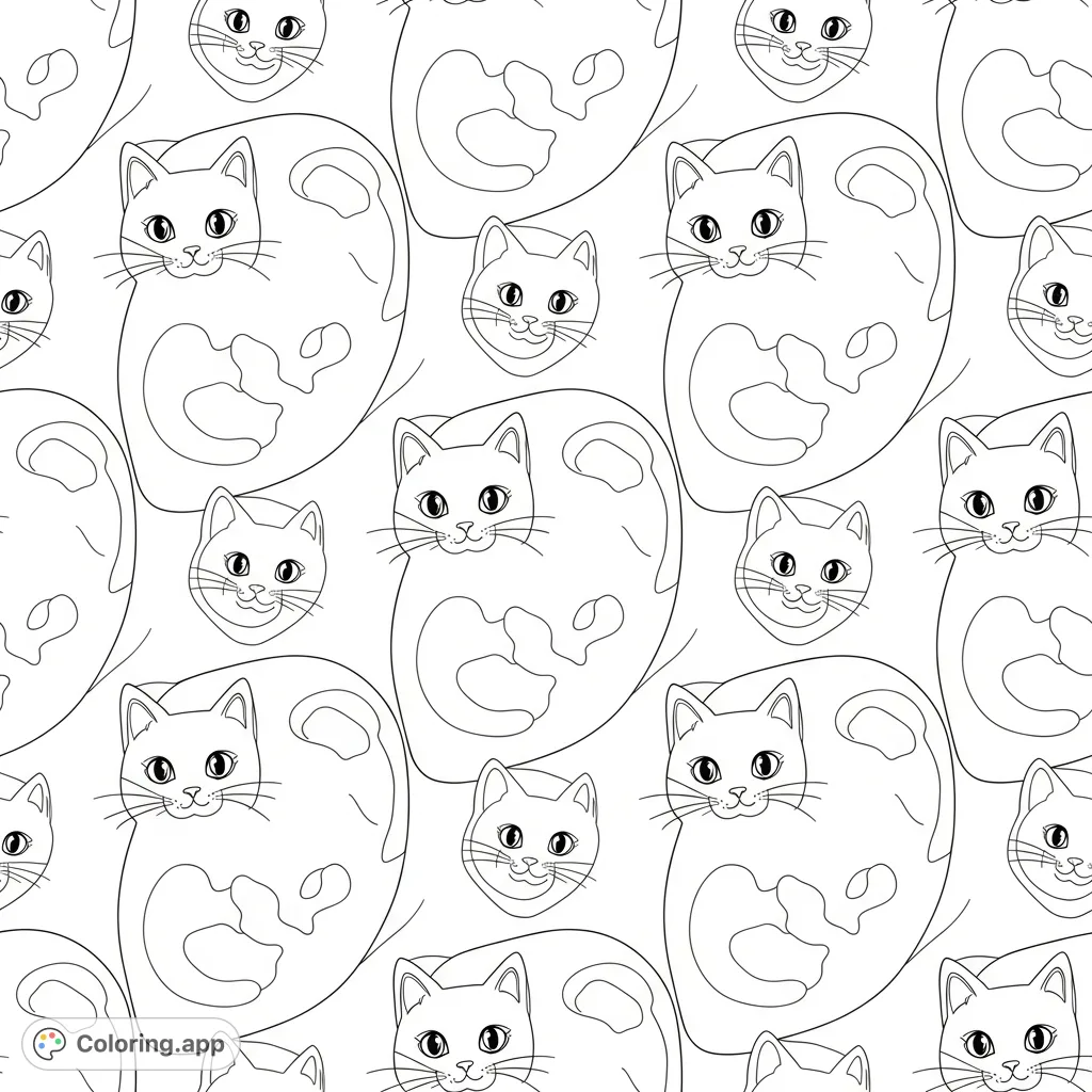 Discover a whimsical jelly cat pattern coloring page. Fill fluid feline shapes and intricate repeating designs with your favorite hues for endless creative fun.