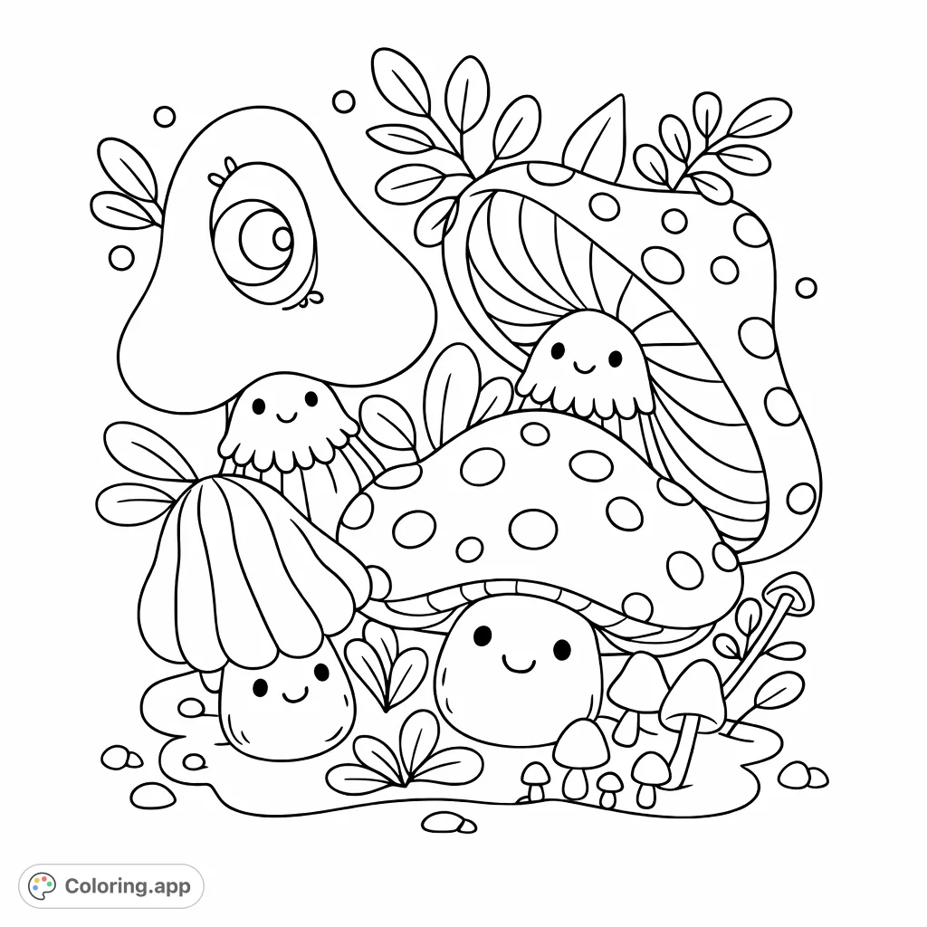 Discover a delightful world of whimsical mushroom friends, a ladybug, and playful foliage in this charming free printable mushroom coloring page for kids.