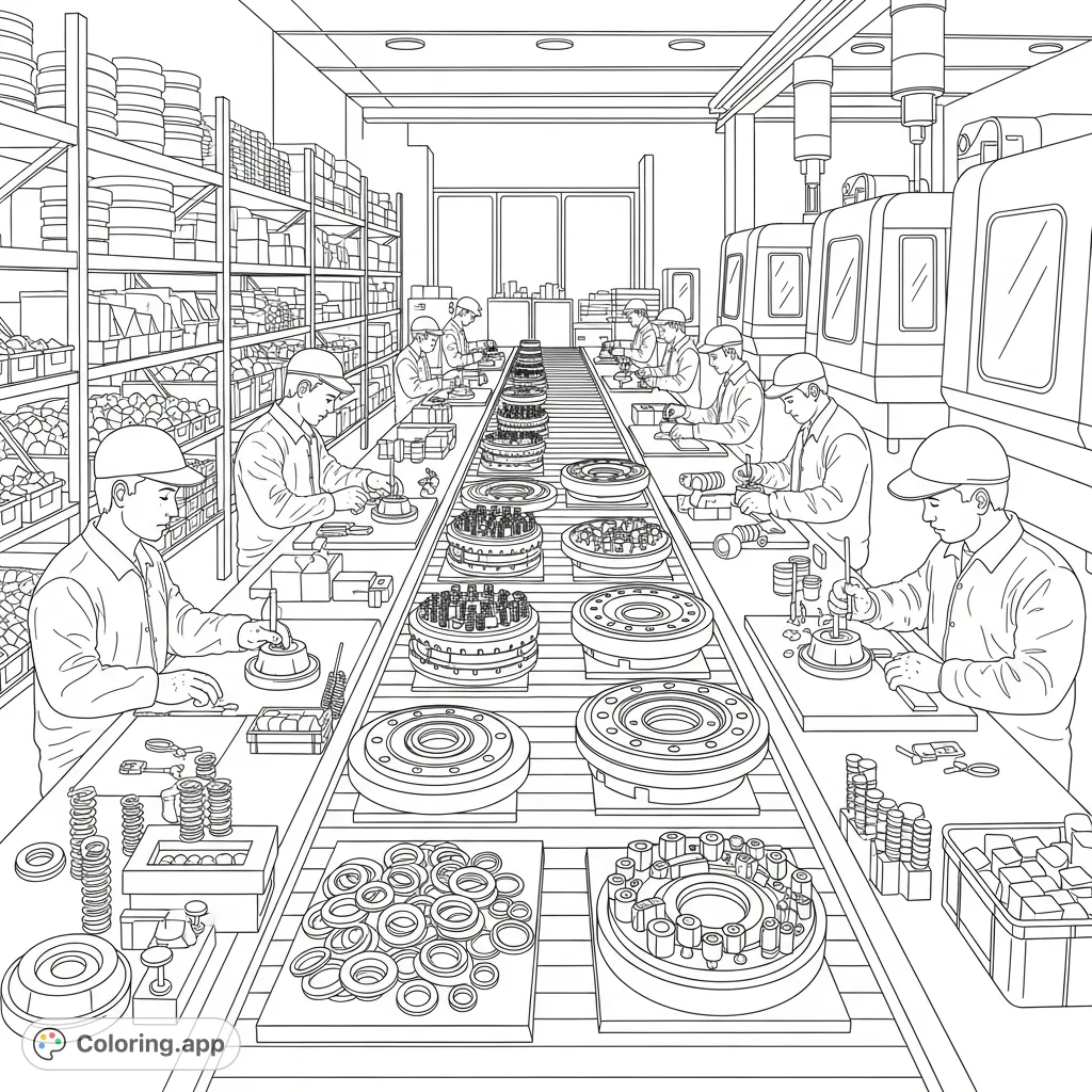 Step into a bustling factory floor where workers meticulously assemble intricate mechanical seals. A detailed scene of industrial precision and organized production awaits your creative touch.