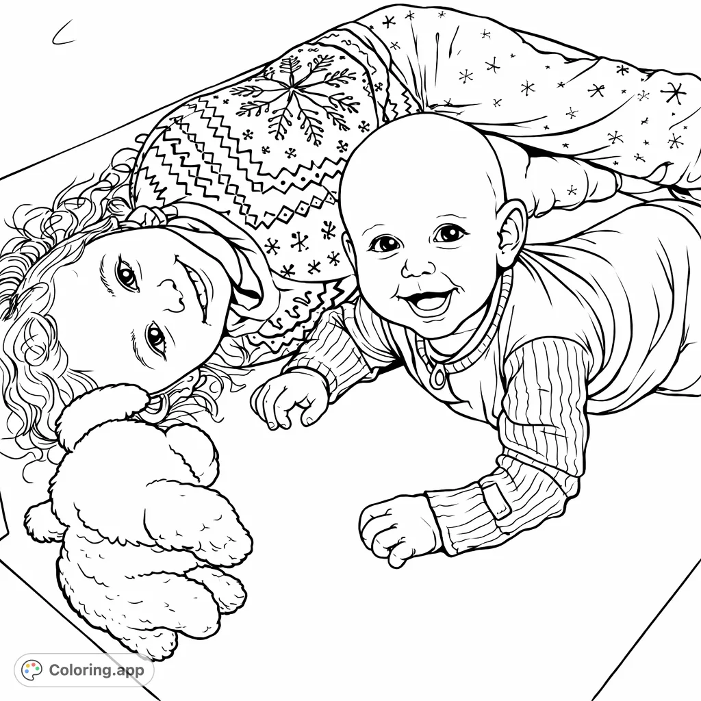 Delightful siblings and their teddy bear enjoying playtime in a cardboard box. This charming coloring page captures a moment of innocent joy and discovery.