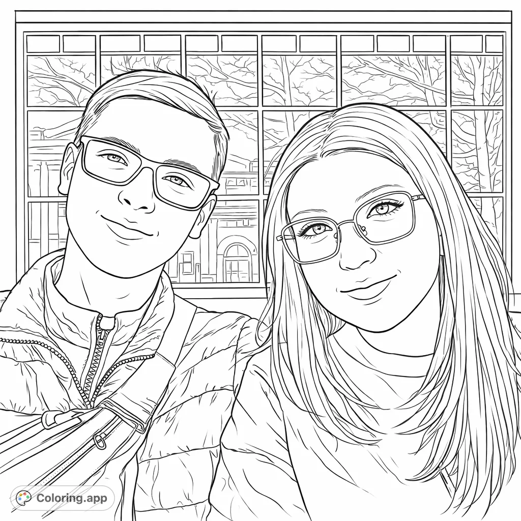 Capture a sweet moment with this couple's portrait. Featuring two individuals in glasses against an architectural background with tree branches, perfect for a personalized touch.