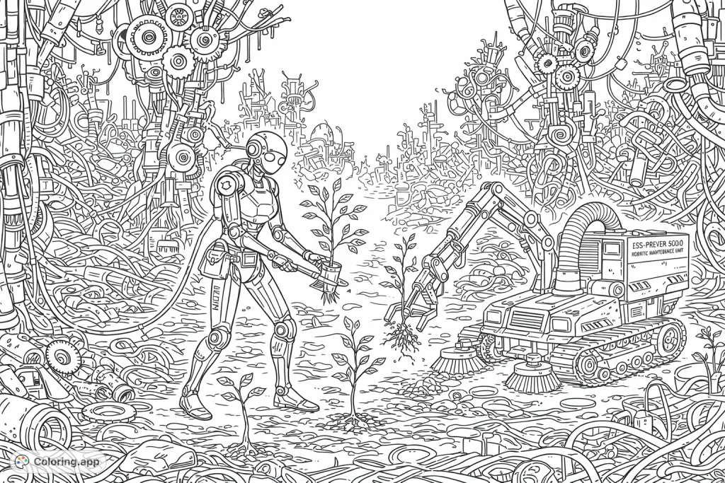 Robots work to reforest a mechanical wasteland, planting new life amidst gears and wires. A hopeful scene of restoration and future growth.
