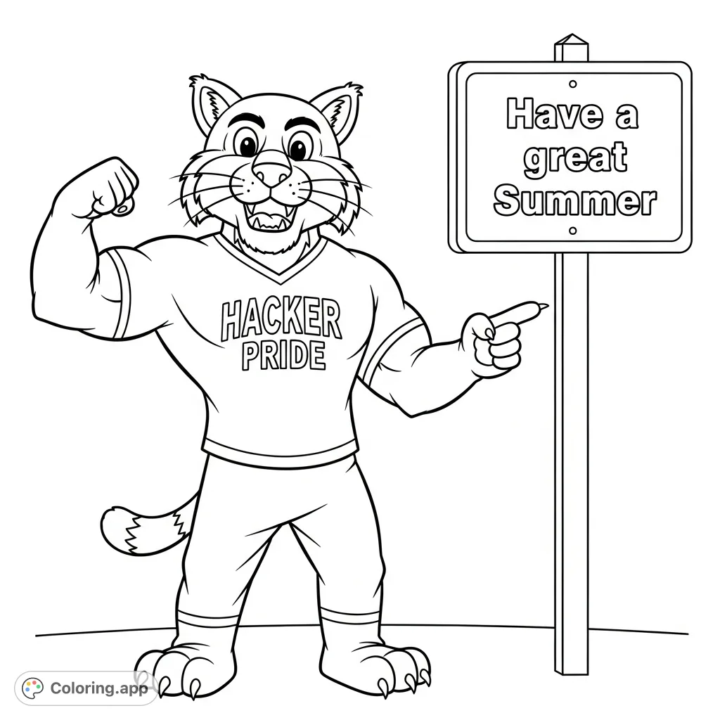 A dynamic wildcat mascot flexing with a "HACKER PRIDE" shirt and a sign saying "Have a great Summer". Perfect for school spirit and fun!
