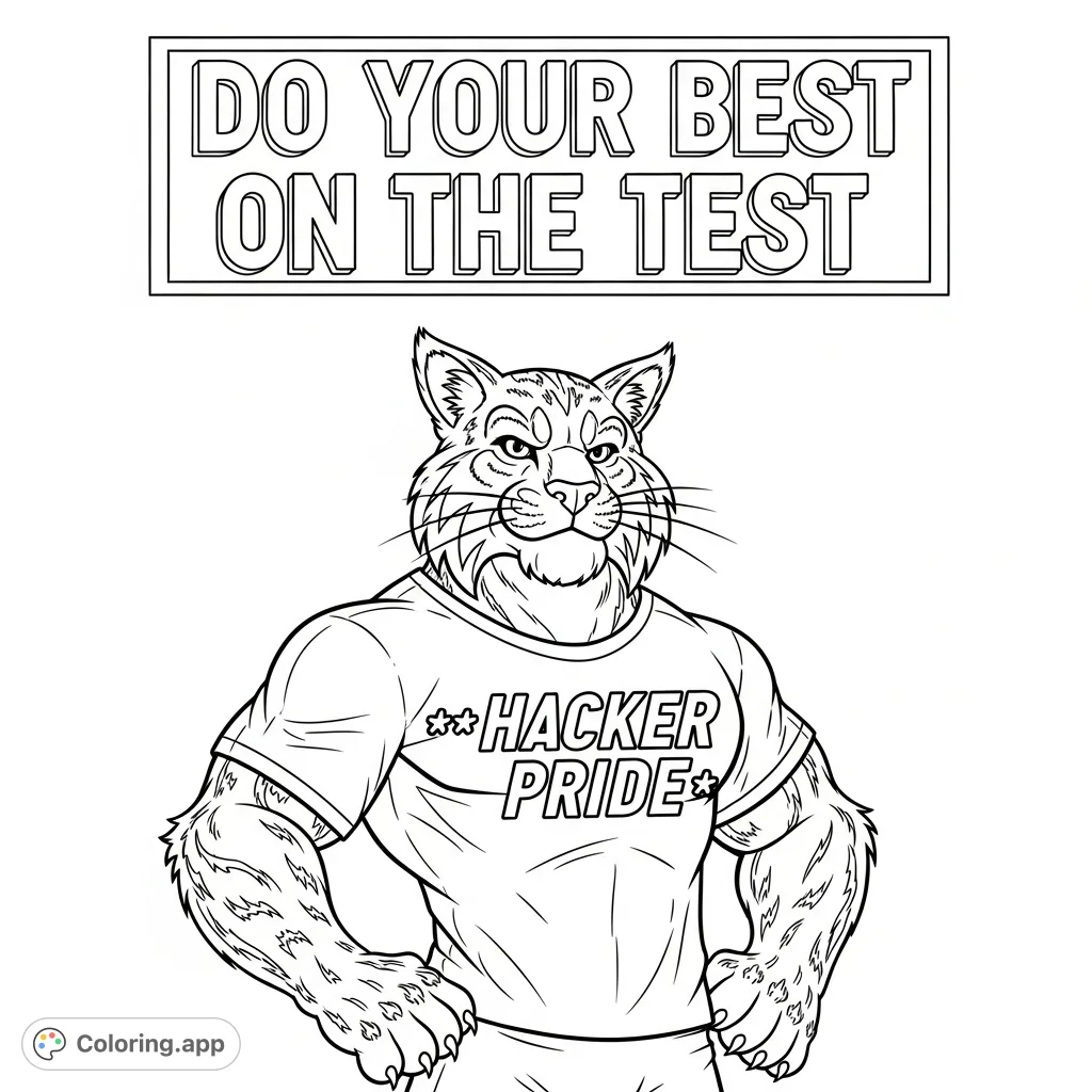 A spirited wildcat mascot proudly wears a "HACKER PRIDE" shirt, delivering an encouraging message: "DO YOUR BEST ON THE TEST." Perfect for motivation!