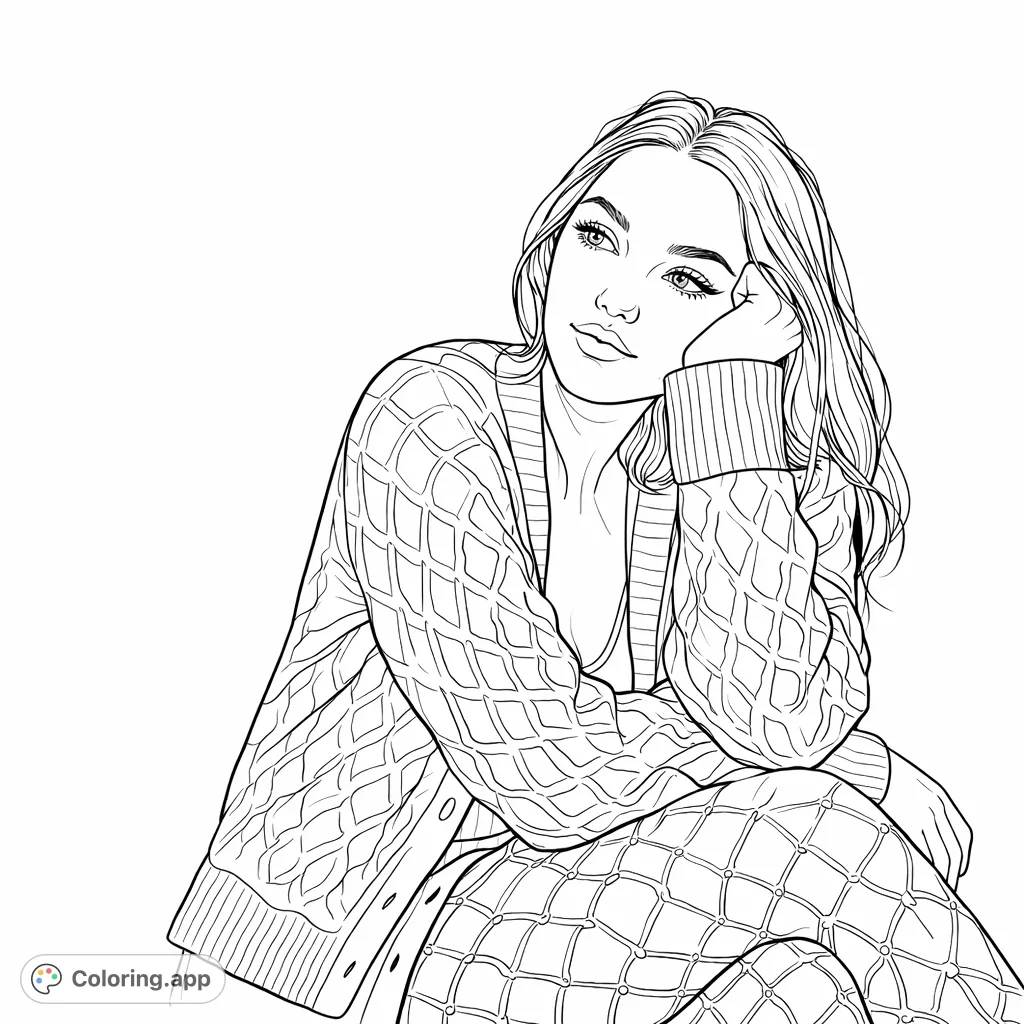 A serene portrait of a young woman seated, wearing a textured cable-knit cardigan and patterned tights, looking thoughtfully. A detailed and engaging figure study.