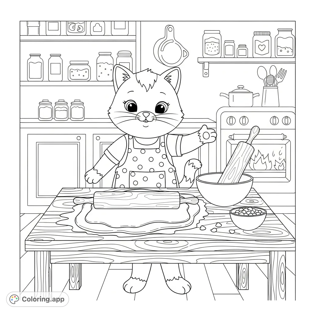 A super-cute cat baker in a polka-dot apron proudly displays perfectly rolled cookie dough on a flour-dusted wooden table in a cozy kitchen setting.