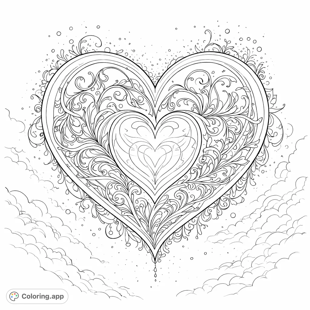 Dive into creativity with this majestic ornate heart coloring page. Intricate patterns and a glowing background offer a captivating experience for all ages.