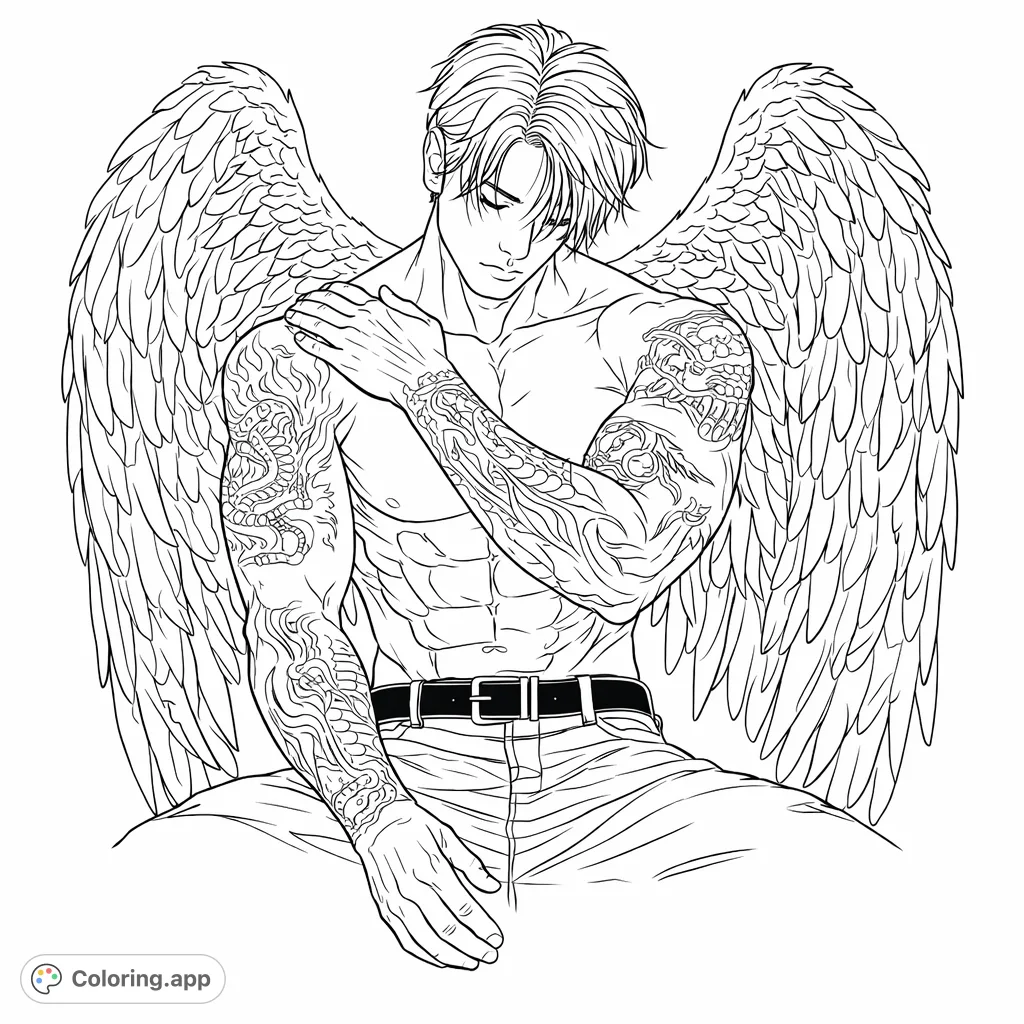 Unleash your creativity on this powerful winged figure coloring page, featuring detailed musculature and intricate tattoo designs for a captivating challenge.