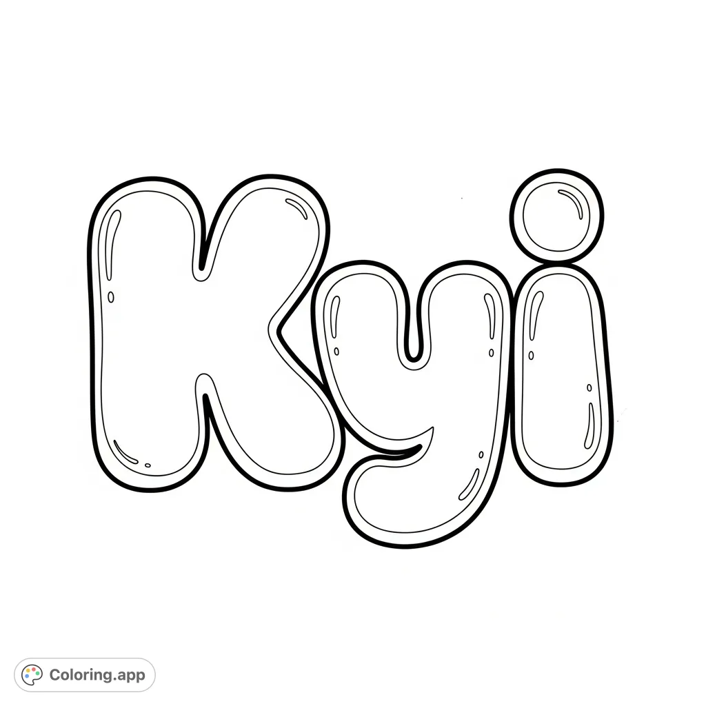 A cheerful 'Kyi' bubble letters coloring page, perfect for personalizing with your favorite shades. Enjoy the creative joy of bringing this name to life.