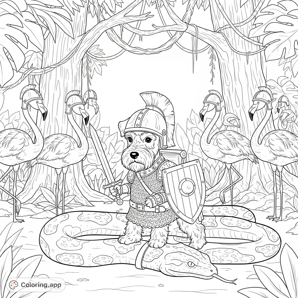 An adventurous miniature schnauzer in full chain mail armor and helmet rides a boa constrictor, guarded by helmeted flamingos in a lush rainforest.