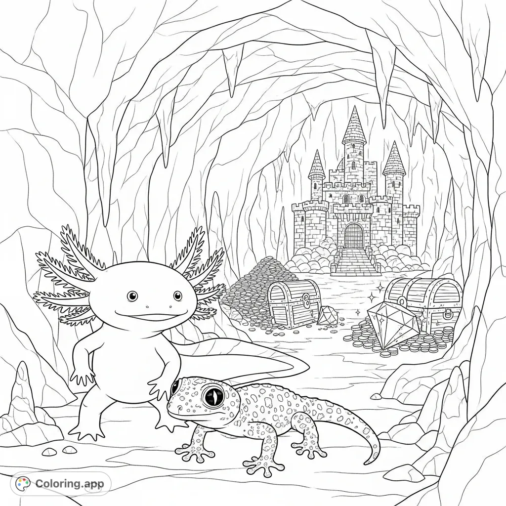A charming axolotl and gecko discover a hidden castle filled with sparkling treasure within a vast underground cave, a magical fantasy adventure waiting for color.