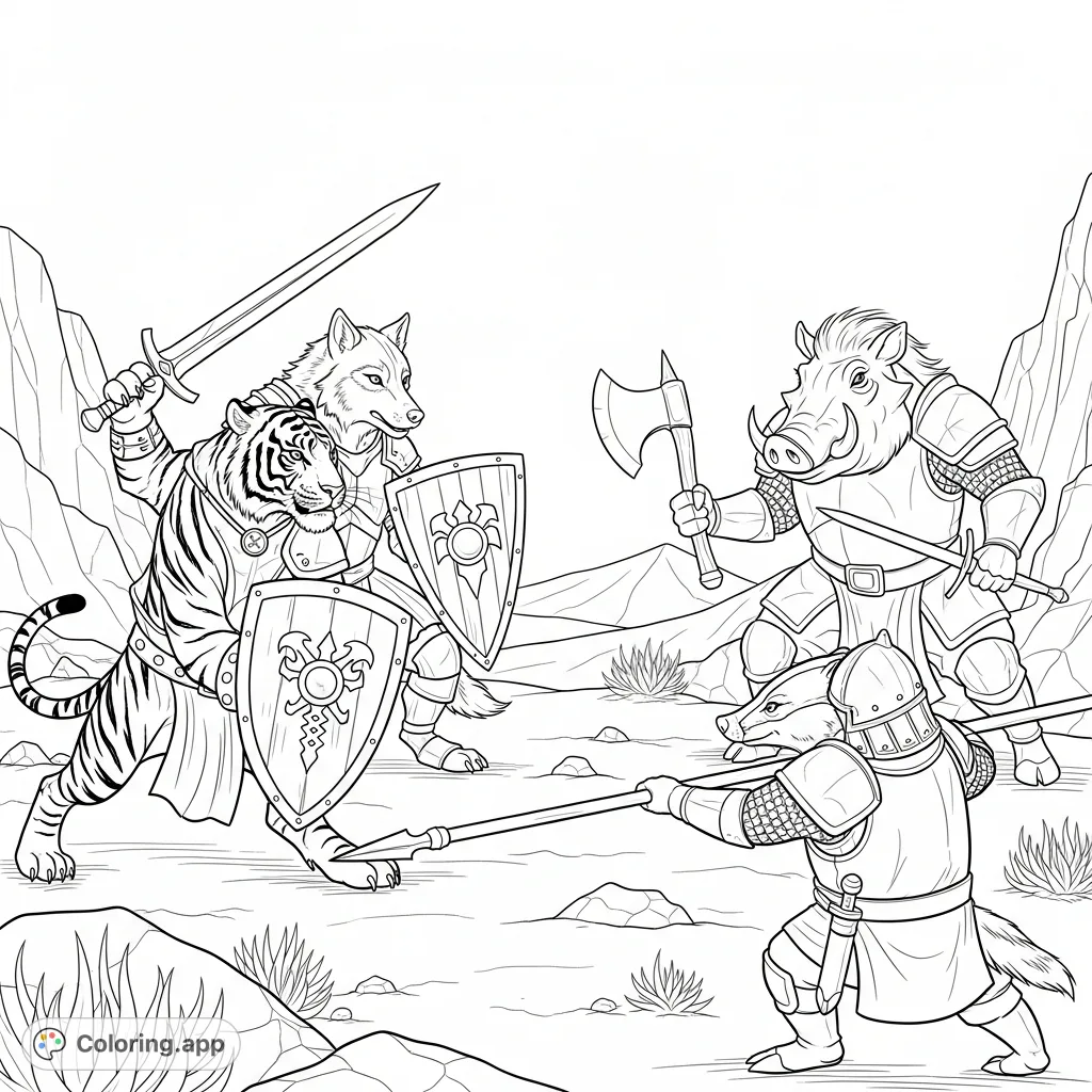 An epic desert battle unfolds! A noble armored tiger and wolf face off against a fierce armored warthog with an ax and a badger with a spear. A thrilling animal warrior scene for your coloring adventure.