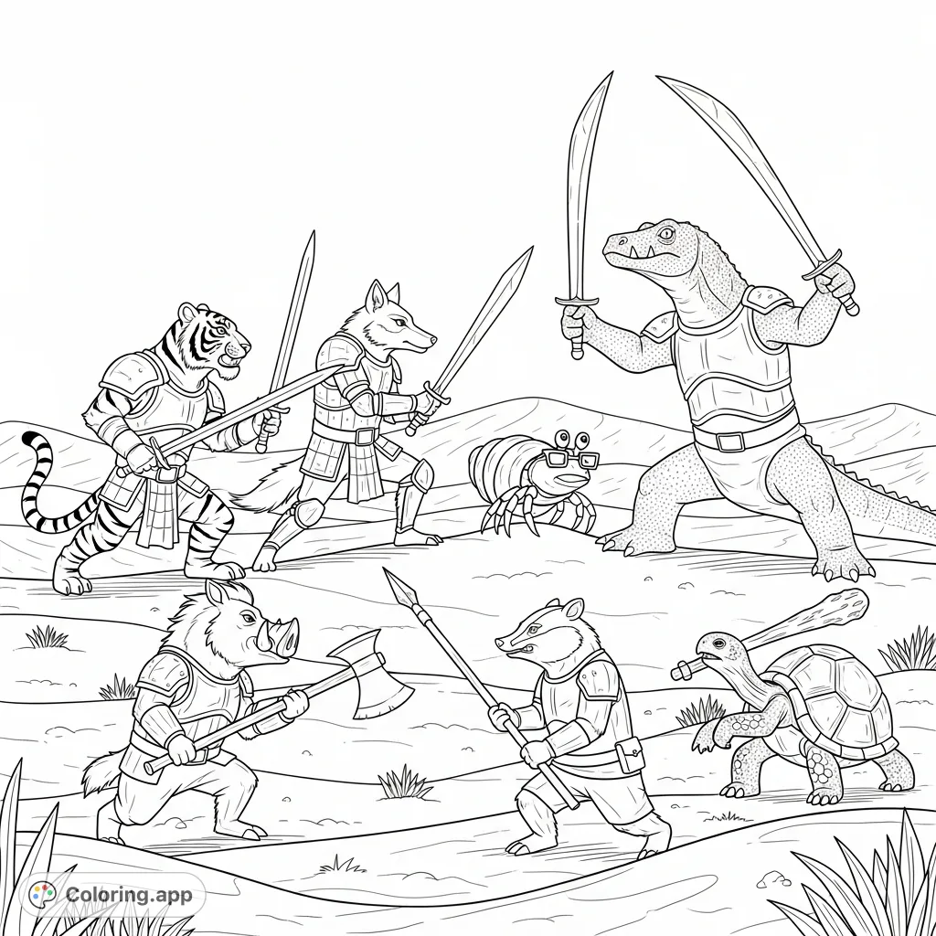 Witness an epic desert battle! Armored tiger, wolf, hermit crab, and komodo dragon warriors clash with an ax-wielding warthog, badger, and club-swinging turtle.