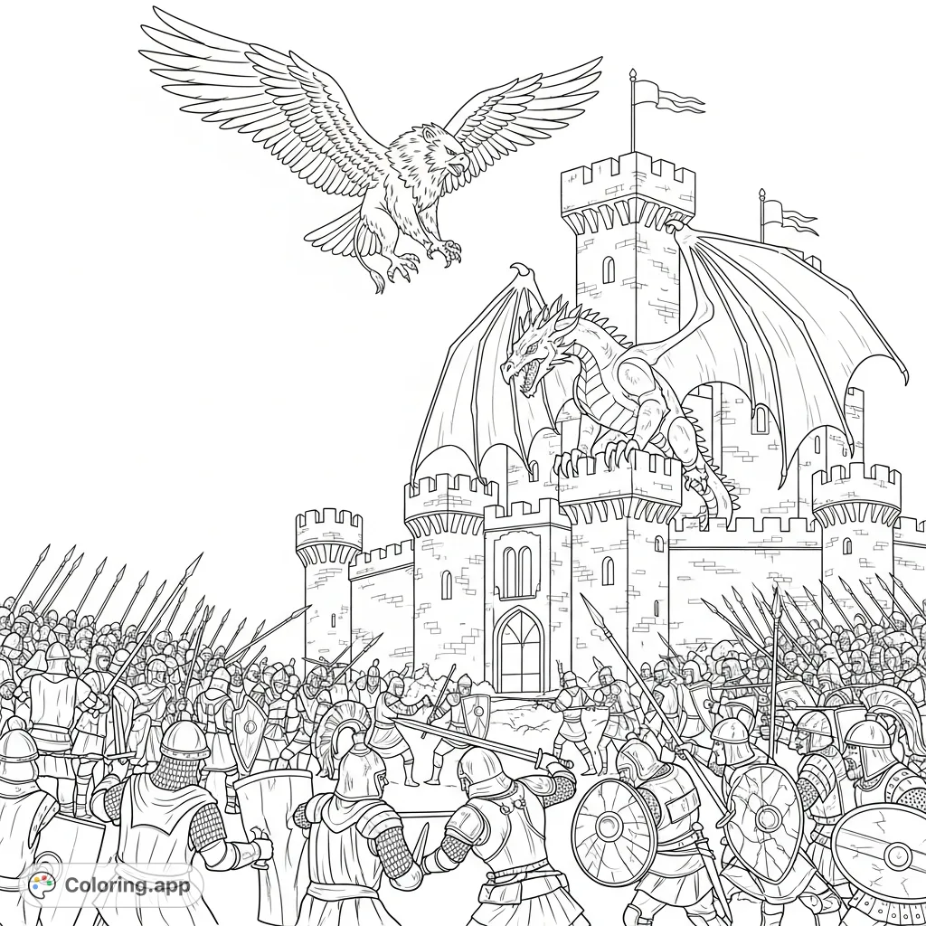 Witness a grand fantasy battle as two armies clash before a majestic castle, overlooked by a massive dragon and a soaring griffin.