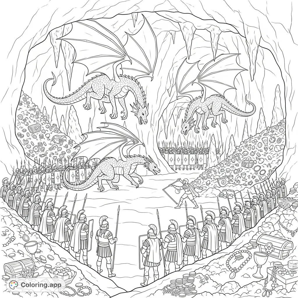 Witness a thrilling dragon vs. Roman soldiers battle in a treasure-filled cavern. An epic fantasy adventure coloring page with intricate details for enthusiasts.