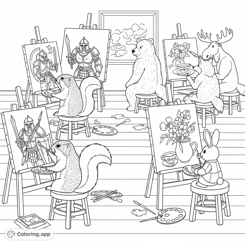 Charming forest animals in an art class. Small critters paint valiant warriors, while larger ones delicately create flowers and teacups. A whimsical scene.