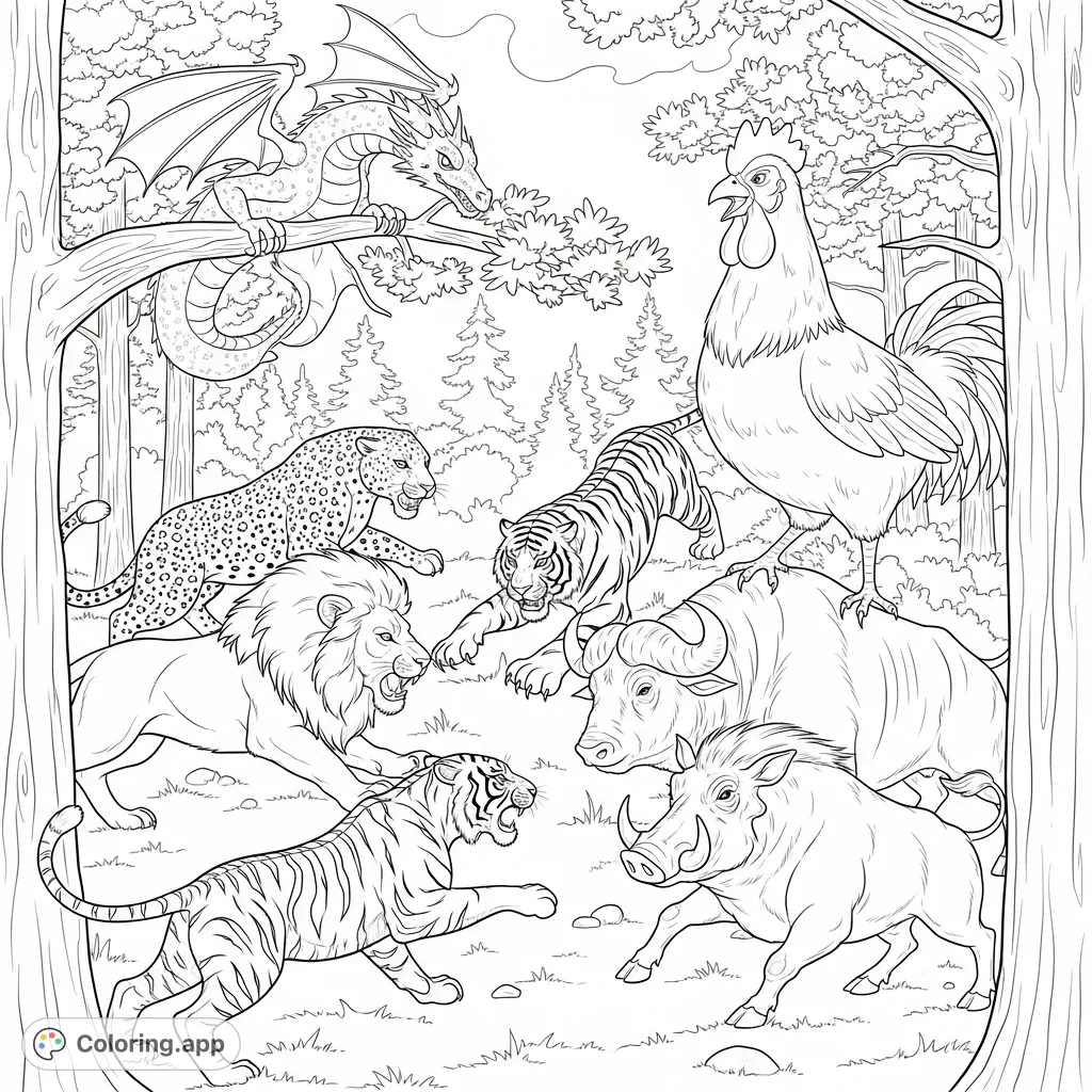 An epic forest battle unfolds! Lion, leopard, tiger, panther face off against a warthog, buffalo, and a gigantic chicken, all under a dragon's watchful eye.