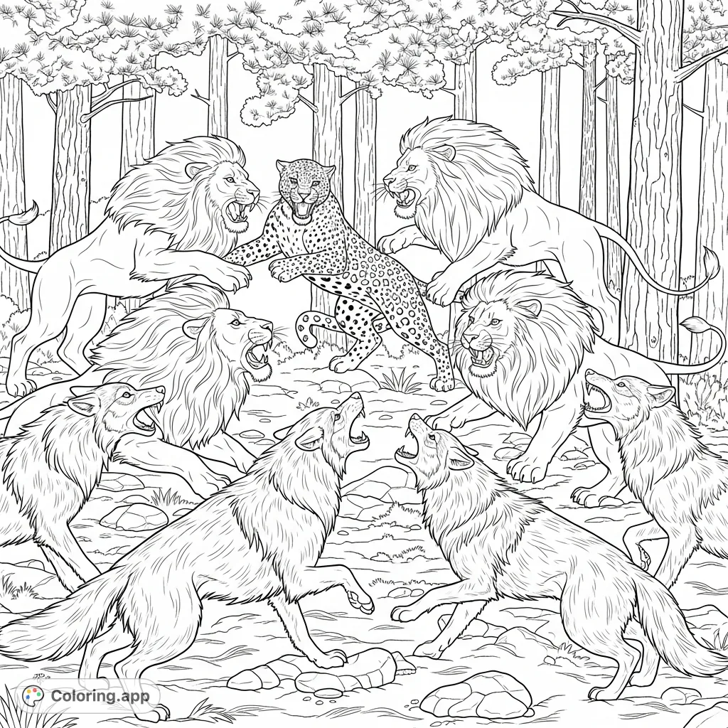 An intense wildlife coloring page featuring lions and a leopard battling a pack of wolves in a dense pine forest. A dramatic scene for detailed coloring.