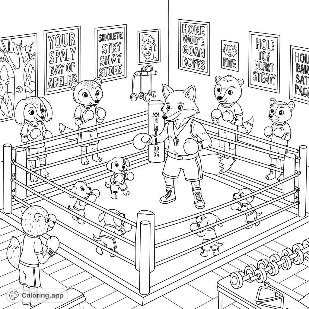 Join a spirited Fox as it trains adorable puppies in a boxing ring, surrounded by cheering forest animals and motivational gym posters. A fun animal gym coloring page!