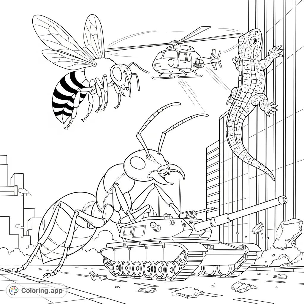 Experience a thrilling giant creature city attack. A car-sized ant battles a tank, a plane-sized bee attacks a helicopter, and a salamander scales a skyscraper. High-action, free printable coloring page.