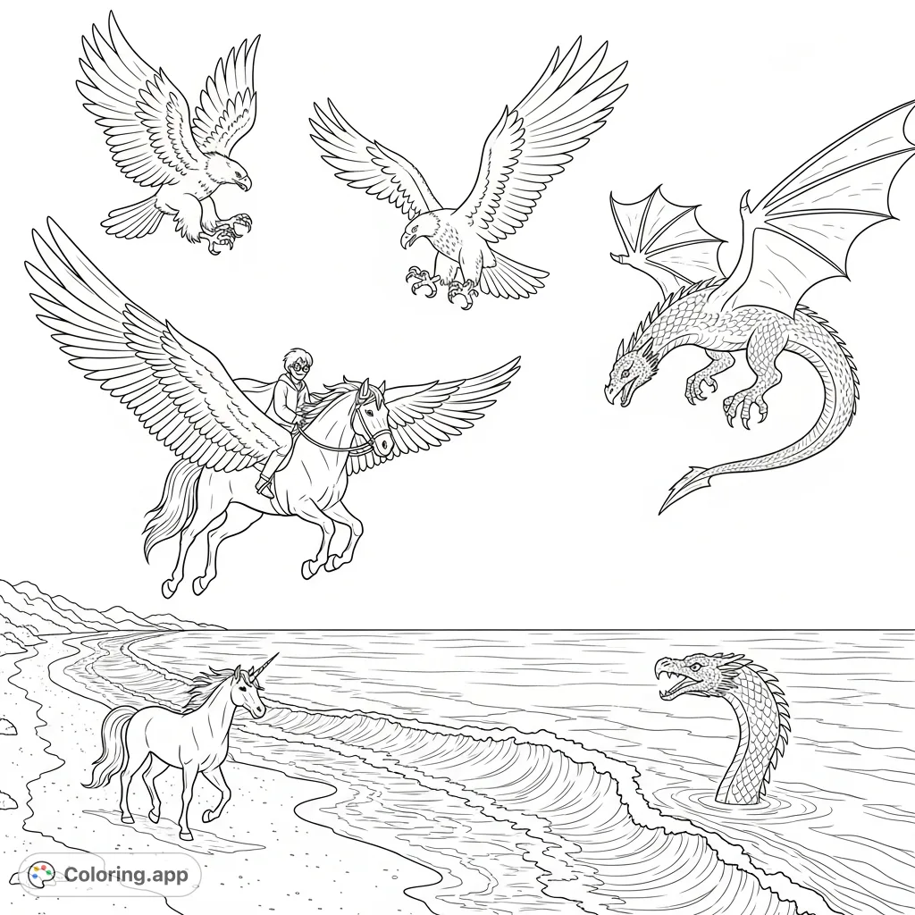 Join Harry Potter on a majestic pegasus, soaring above a magical beach scene with unicorns, griffins, dragons, eagles, and a sea serpent. An epic fantasy adventure awaits!