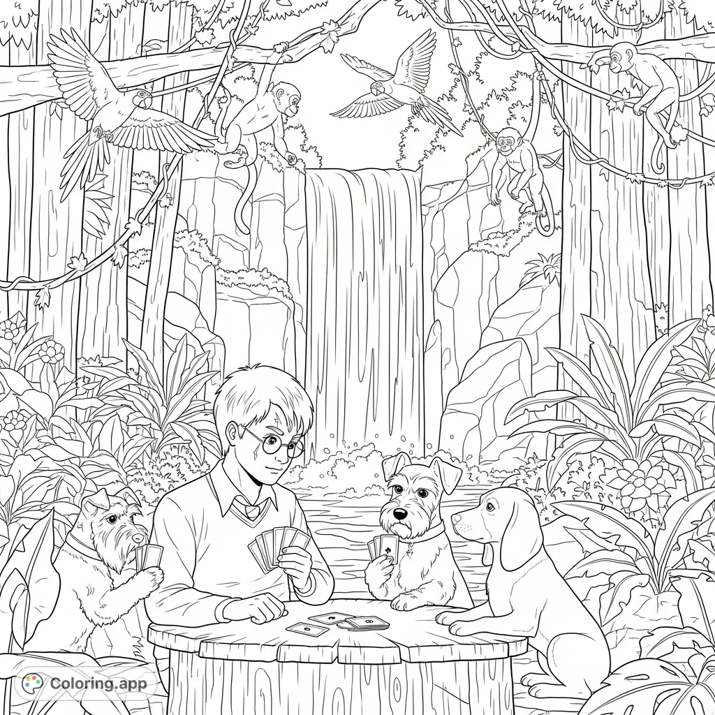 Join Harry Potter, a schnauzer, and a beagle for an enchanting card game amidst a lush rainforest with a waterfall, swinging monkeys, and flying parrots.