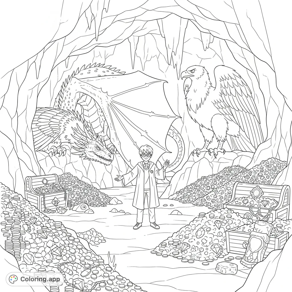 Join Harry Potter in a wondrous cave filled with mythical beasts—a sleeping dragon and eagle, a watchful griffin—amidst dazzling piles of ancient treasure.