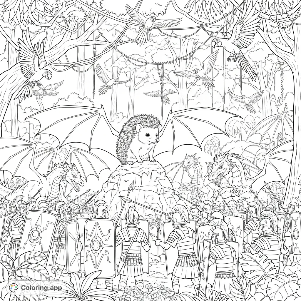 An epic coloring page featuring a realistic hedgehog leading a dragon army against a Roman legion in a lush rainforest, with parrots soaring overhead.