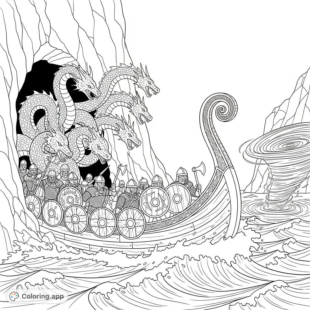 An epic mythical creature coloring page depicting a multi-headed hydra attacking a viking longship filled with armored warriors amidst a swirling ocean and cave.