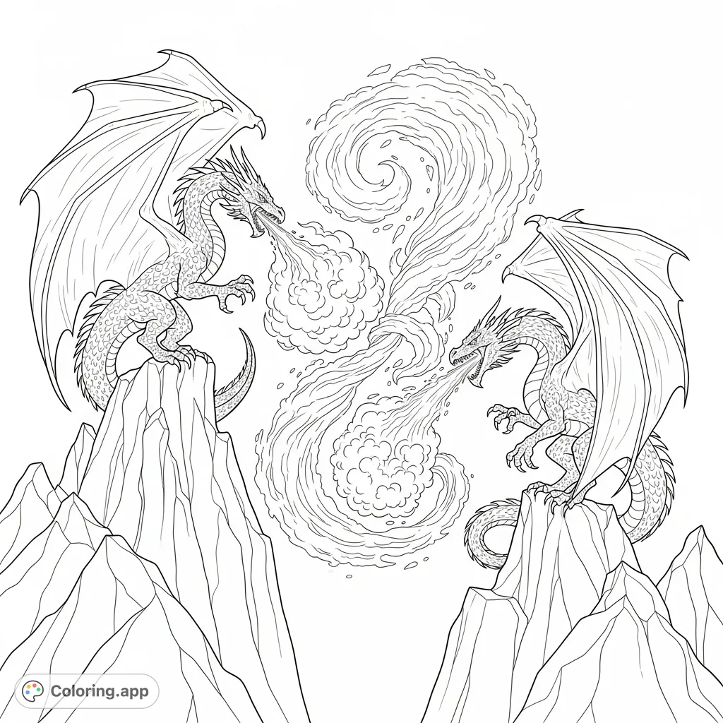 Witness an epic dragon battle coloring page! A fire dragon clashes with an ice dragon amidst towering peaks, their elemental blasts swirling into a powerful vortex.