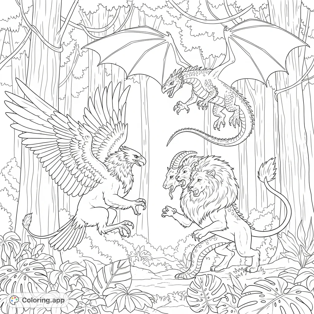 A dynamic coloring page featuring a griffin, chimera, and dragon playing tag amidst a lush rainforest canopy. Unleash your creativity!