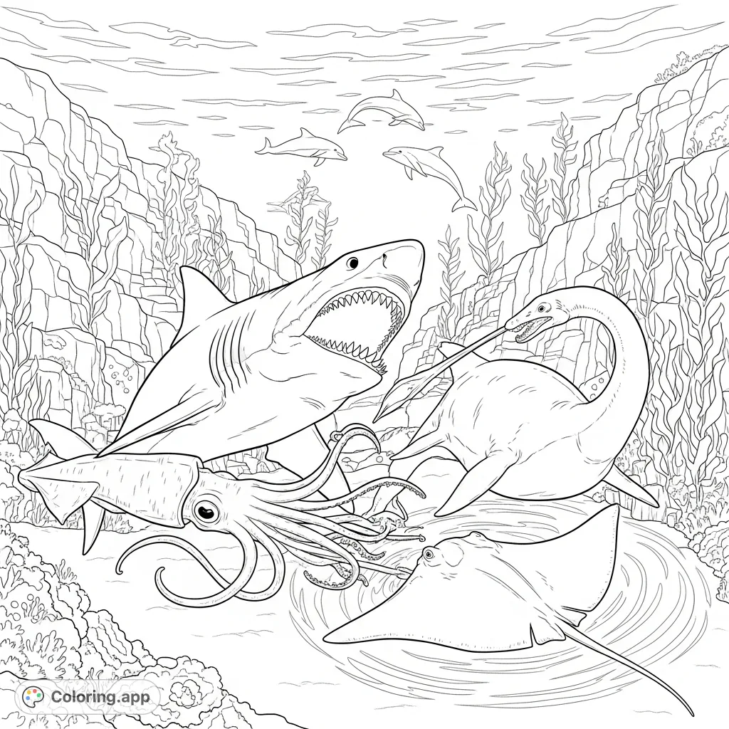 Dive into an epic underwater battle! A Megalodon fights a giant squid, while a plesiosaur confronts a massive stingray in a thrilling ocean scene.