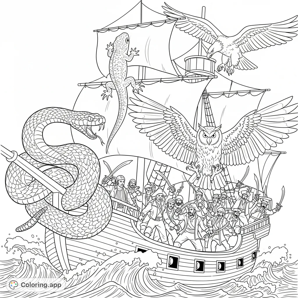 Engage in an epic pirate ship coloring page adventure! Animals attack a ship teeming with sword-wielding pirates, offering a thrilling scene to bring to life.