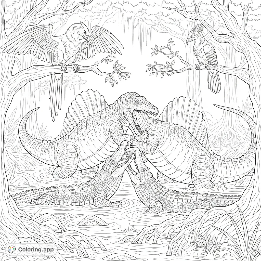 Experience an epic prehistoric swamp battle! A Dimetrodon and Spinosaurus wrestle a Crocodile and Alligator, while a Griffon watches from above. Dive into this thrilling, detailed scene.