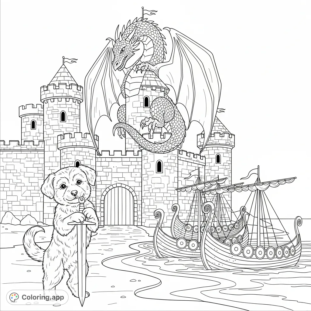 Embark on an epic quest with a brave puppy knight defending its castle from a magnificent dragon and Viking invaders. A thrilling fantasy coloring page awaits!