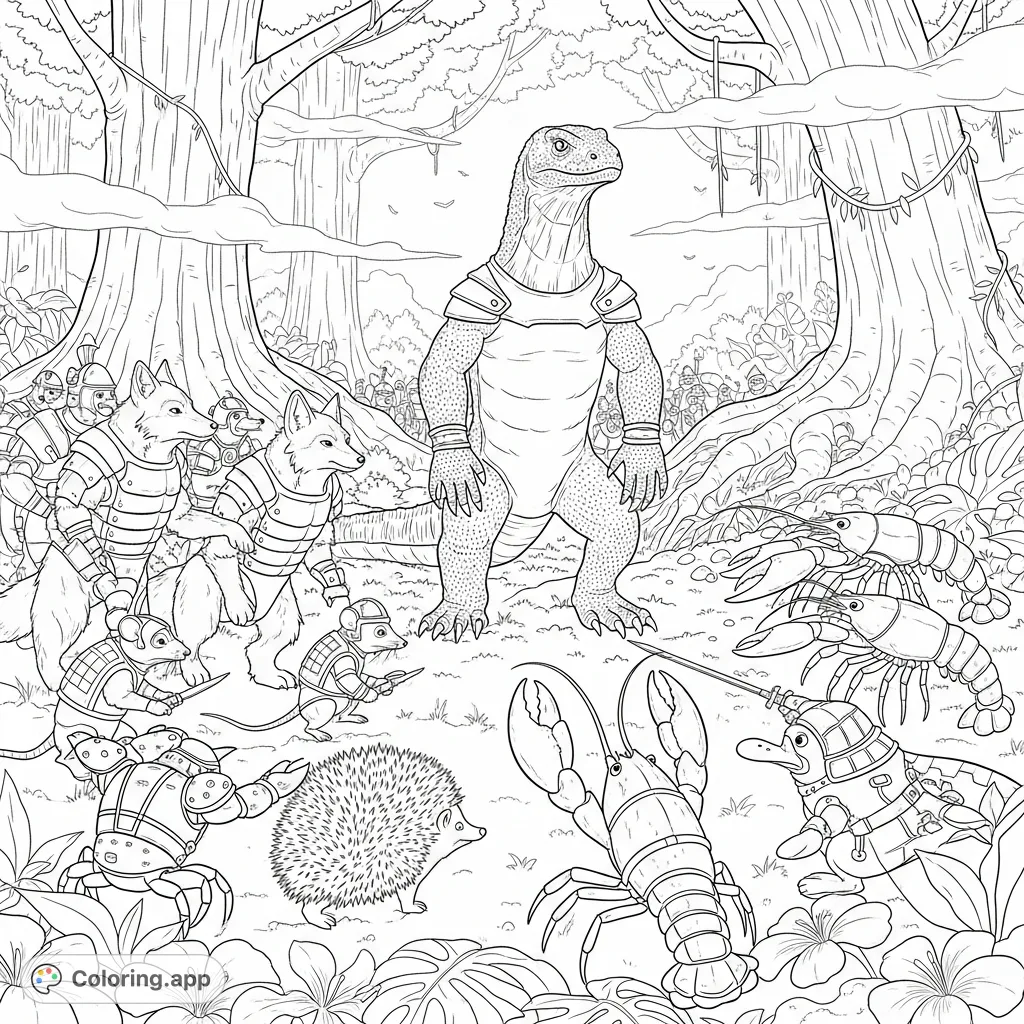 Witness an epic rainforest battle! A formidable Komodo dragon leads an army of foxes, rats, hedgehogs, and crabs against lobsters, crayfish, and platypuses, all in armor.