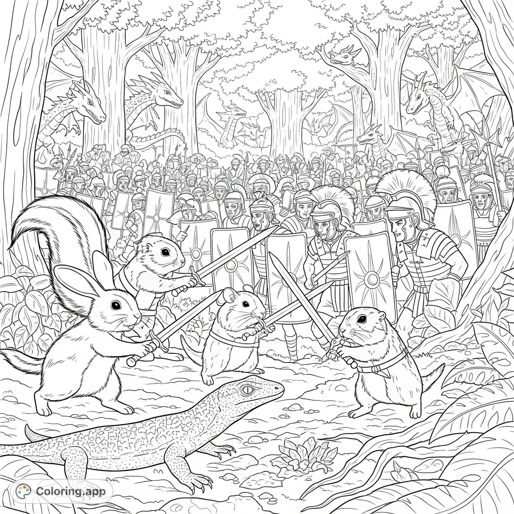 An epic battle unfolds in a lush rainforest as sword-wielding animals take on a Roman army, with 100 dragons hiding in the trees. Action-packed adventure!