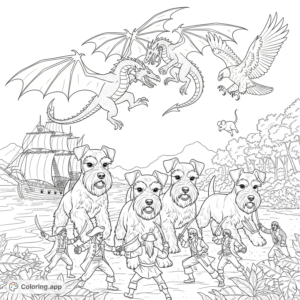 An epic rainforest clash! House-sized schnauzers battle pirates on a river beach, while two dragons fight overhead and an eagle hunts a mouse.