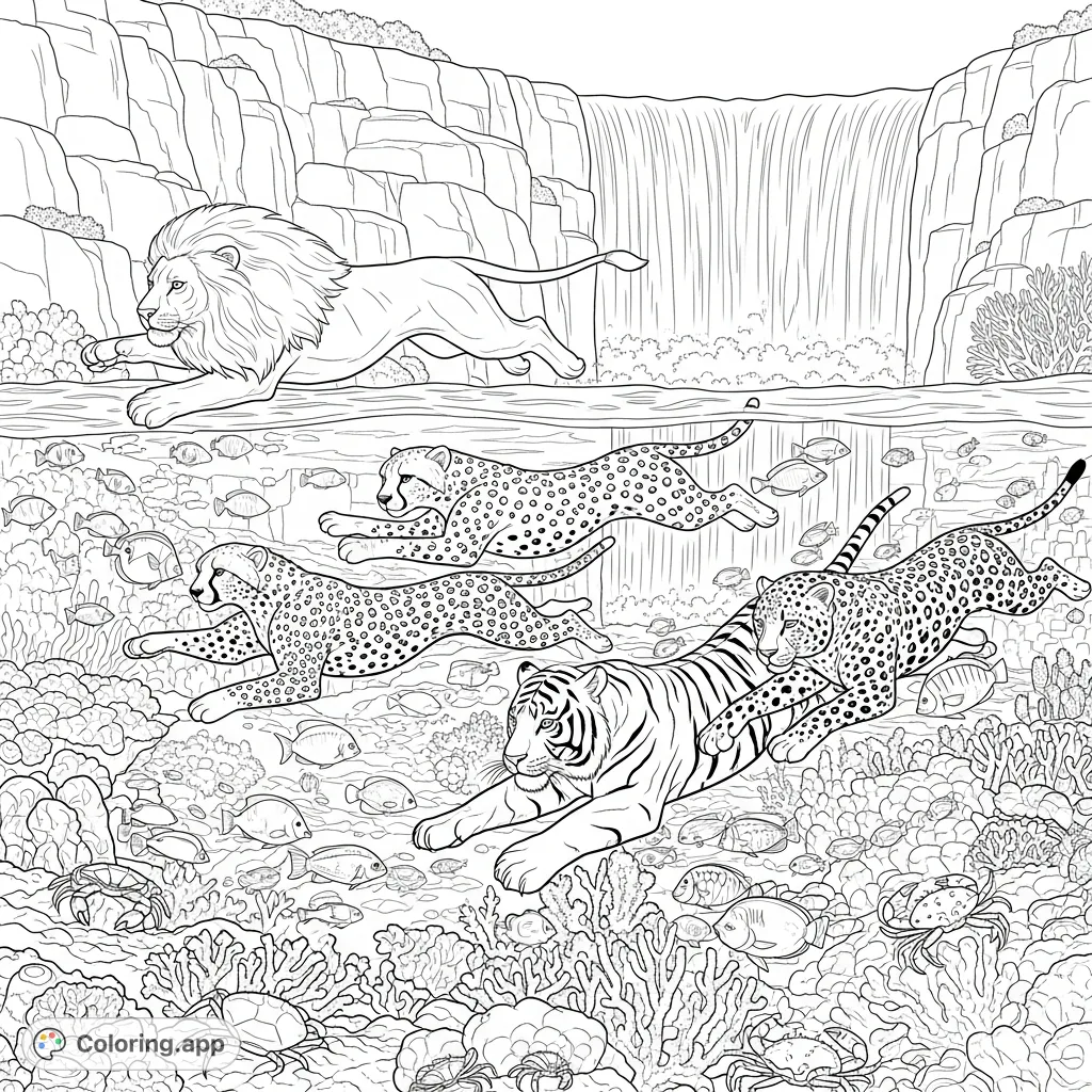 An extraordinary adventure! A lion, tiger, cheetah, and leopard dive into a vibrant coral reef, chasing fish amidst a cascading waterfall.