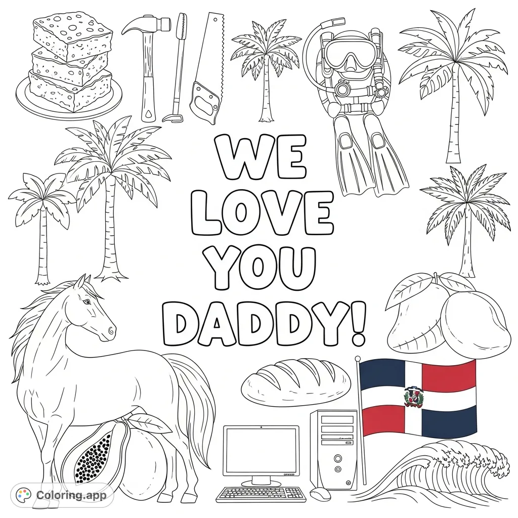 A heartfelt "We Love You Daddy!" coloring page featuring bubble letters and diverse illustrations of brownies, tools, tropical elements, and a flag. A perfect free printable coloring page to show appreciation.