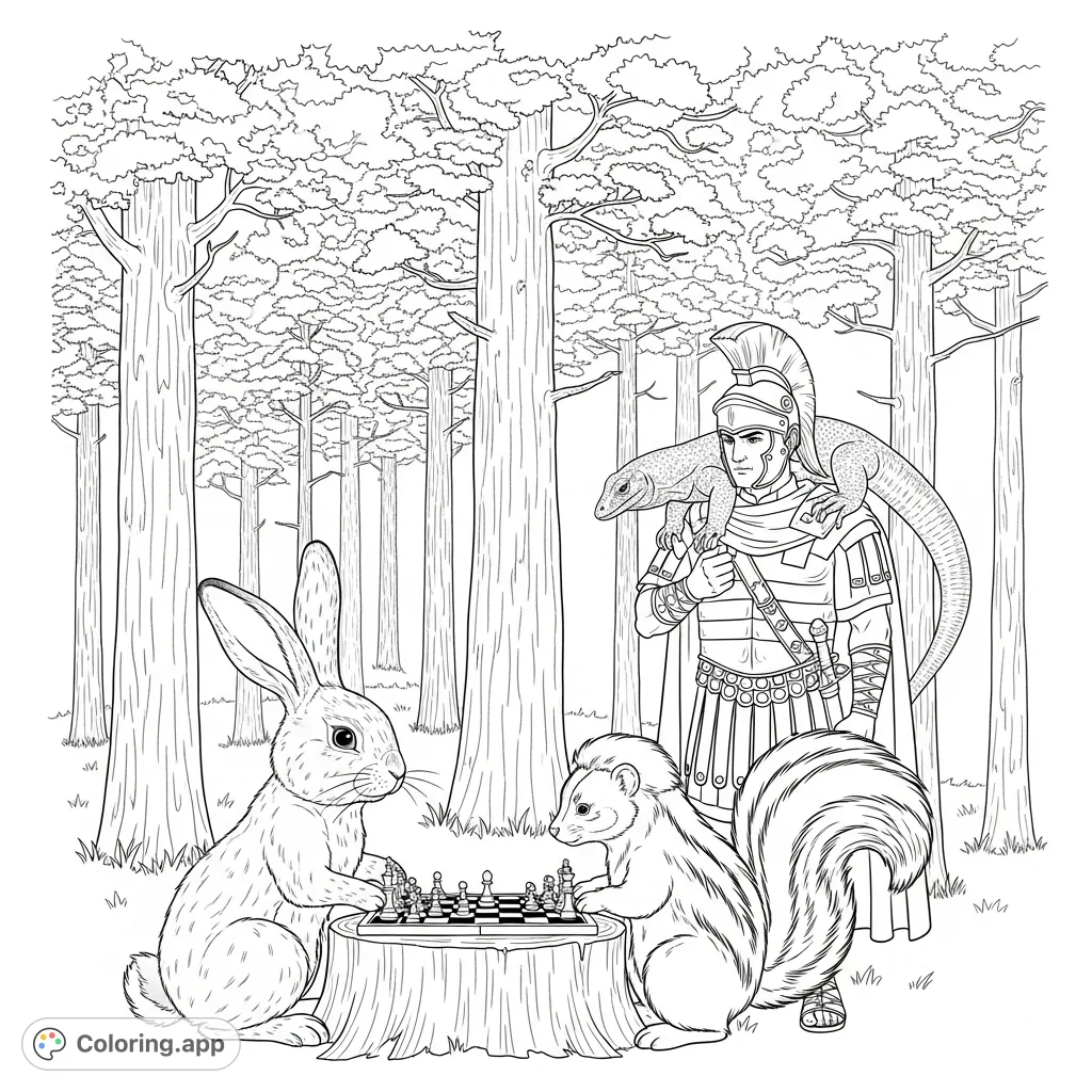 An extraordinary woodland chess game unfolds between a personified bunny and skunk, watched by a Roman general with a Komodo dragon.